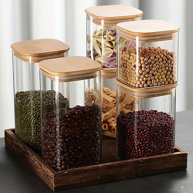38 oz Glass Food Storage Jars with Airtight Lids, Clear Glass Jar with Bamboo Lid, Airtight Food Canister for Tea, Candy, Coffee, Sugar, Cookie, Snack. (Square| 5+6 Inch) SET of 3