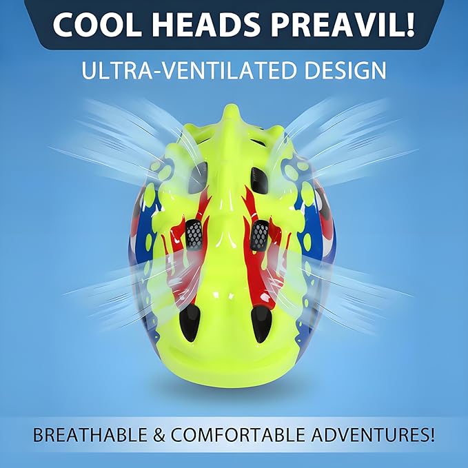 KINGBIKE Toddler Helmet 2-3-5-8 Years Kids Balance Bike Helmets Size Adjustable 3D Dinosaur with Led Light for Skateboard Scooter Cycling Skaterolling