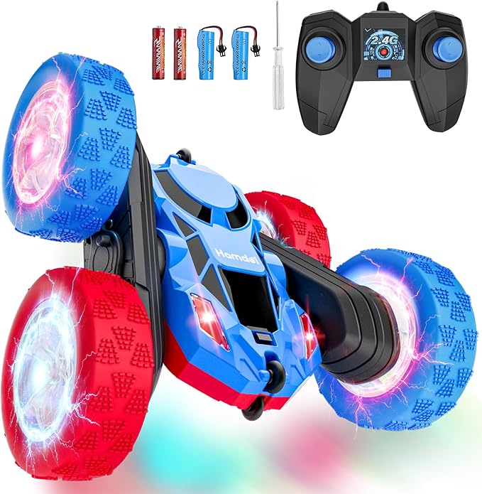 Remote Control RC Car for Kids 6-12, High-Speed 4WD Stunt Car with LED Lights & 360° Rotation, 2.4GHz Off-Road Vehicle Toy with Rechargeable Battery, Cool Christmas and Birthday Gift for Boys