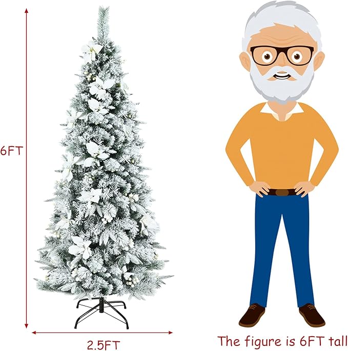 HappyGrill 6FT Skinny Pencil Christmas Tree with White Berries & Flowers, Hinged Artificial Tree with Metal Stand for Indoor/Outdoor