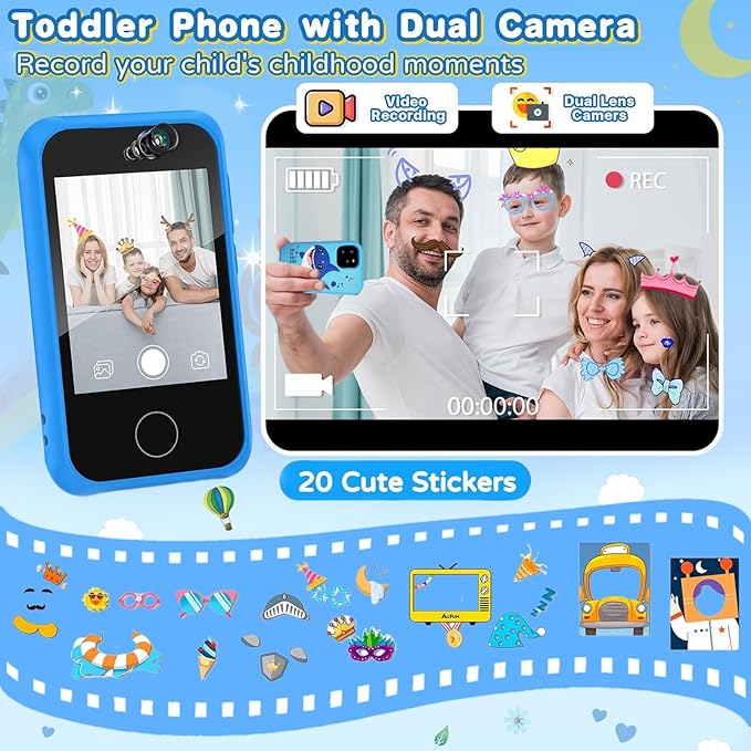 Kids Smart Phone, Shark Toys Phone for Boys 3-12 , Dual Camera, 2.8'' Touchscreen Kid Phones, Educational Toy for Toddler Kids Christmas Birthday Gifts, ABC Learning, Habit Tracker 32 GB Card Blue