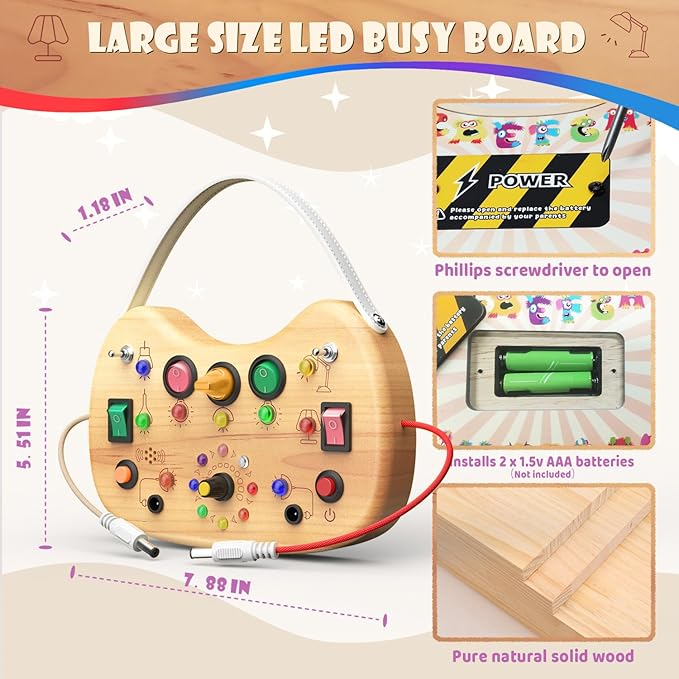 Toddler Busy Board with LED Light Up Switch, Wooden Montessori Busy Board for Todder 1-3, Travel Toys for Autistic Kids, Gift for 1 2 3 Year Old Baby Boys & Girls
