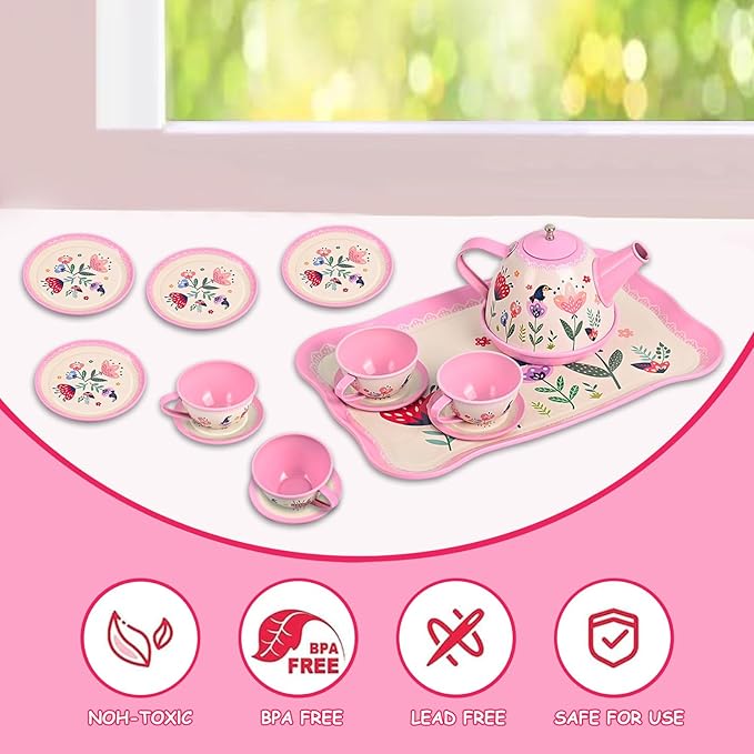 Floral Tea Party Set for Little Girls Ages 3-6, 15-Piece Pretend Play Kitchen Toys with Teapot, Cups, Plates & Storage Case, Princess Gift Set (Pink)