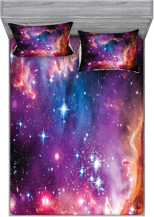 Ambesonne Galaxy Fitted Sheet & Pillow Sham Set, Magellanic Cloud Stars and Colorful Cosmic Universe View Pattern, Decorative Printed 3 Piece Bedding Decor Set, King, Purple Black