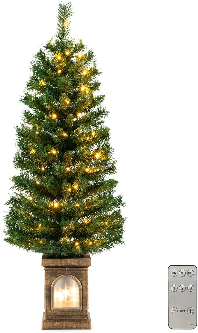 Goplus 4ft Pre-Lit Christmas Tree for Entrances, Artificial Potted Xmas Tree with 100 LED Lights, Timer, 3 Lighting Modes, 160 Branch Tips, Antique Urn Base, Porch Indoor Holiday Christmas Decoration