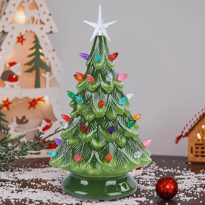 Small Ceramic Christmas Tree Hand-Painted Vintage Tabletop Green Christmas Tree Holiday Decoration with Multi-Color Lights 12.2 inch