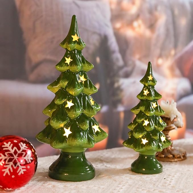 Taman Ceramic Christmas Tree, 2 Pack Tabletop Light Up Decoration with Warm Lights for Christmas Holiday Indoor Decorations