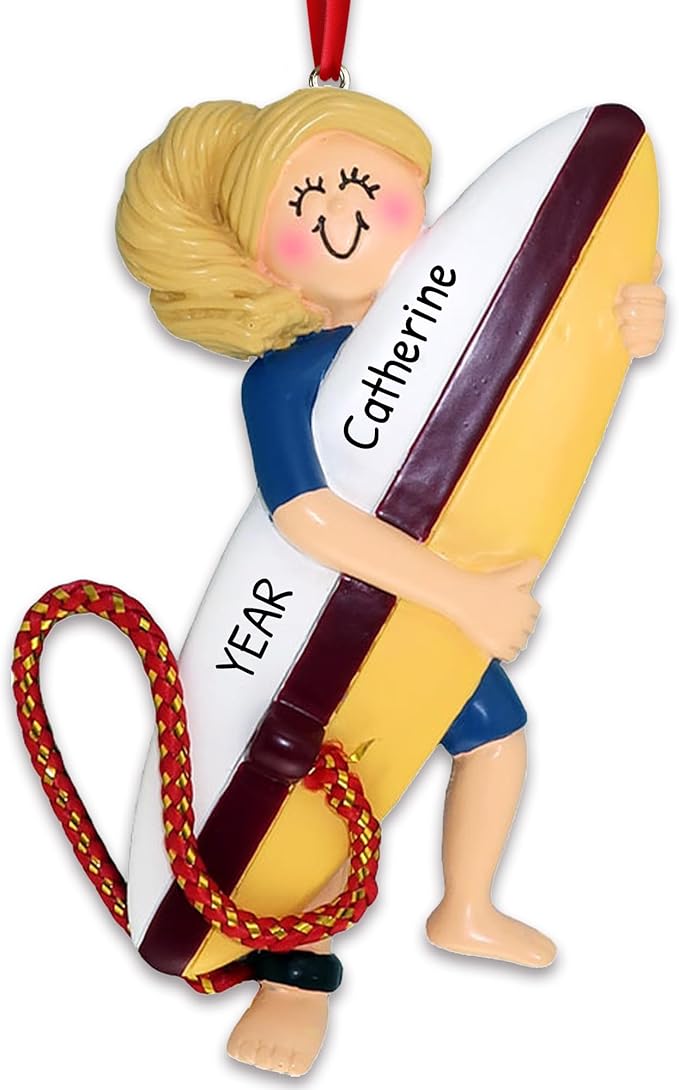 Personalized Surfboard Ornaments 2025 - Blonde Surfer Girl Beach Ornaments Surfer for Christmas Tree Surfboard Decor Surfing Ornament Gifts for Surfers Beachy Christmas by Elves