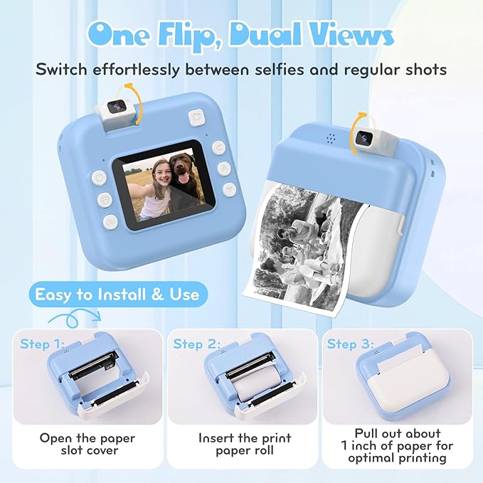 Kids Camera Instant Print - Digital Camera with Flip Lens, Birthday Gift for Boys Girls, Instant Print Photos for Toddlers HD Selfie 1080P Video, Portable Travel Toys for 4 5 6 7 8 9 10 Years Blue