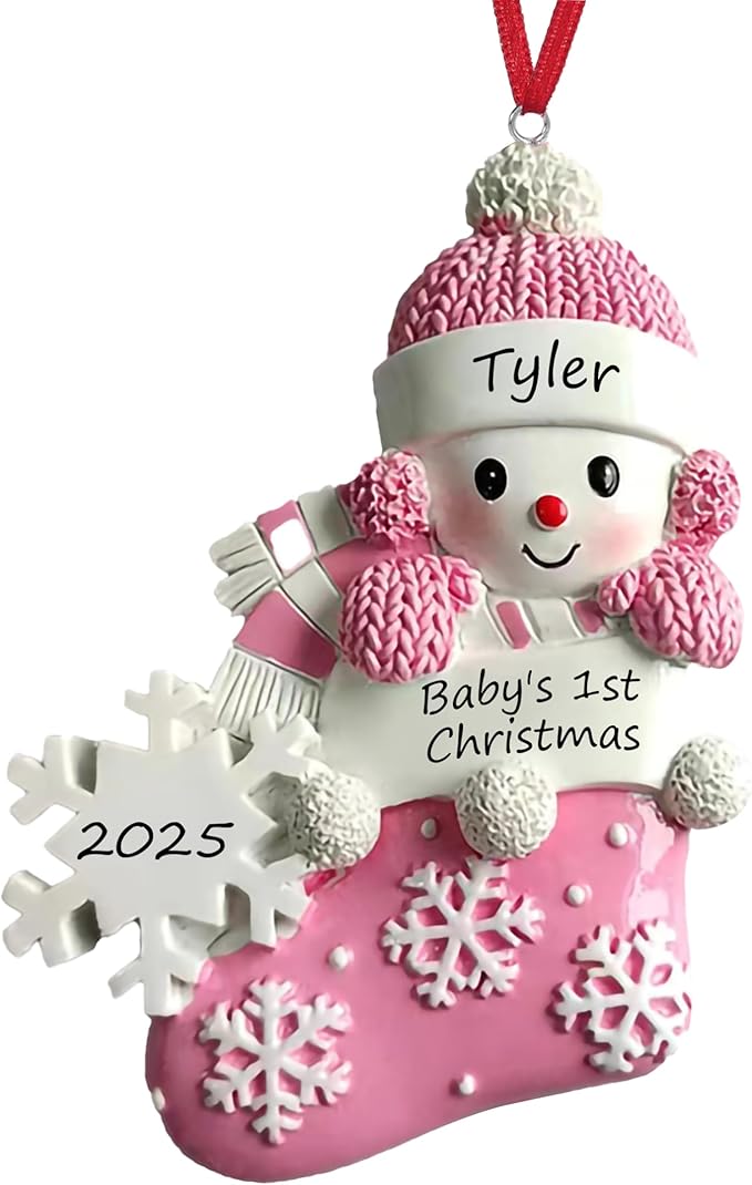 Personalized Ornament Baby's First Christmas 2025 Customized Snowman Ornaments with Name Xmas Tree Decoration Gifts for New Born Baby Girl (Pink)