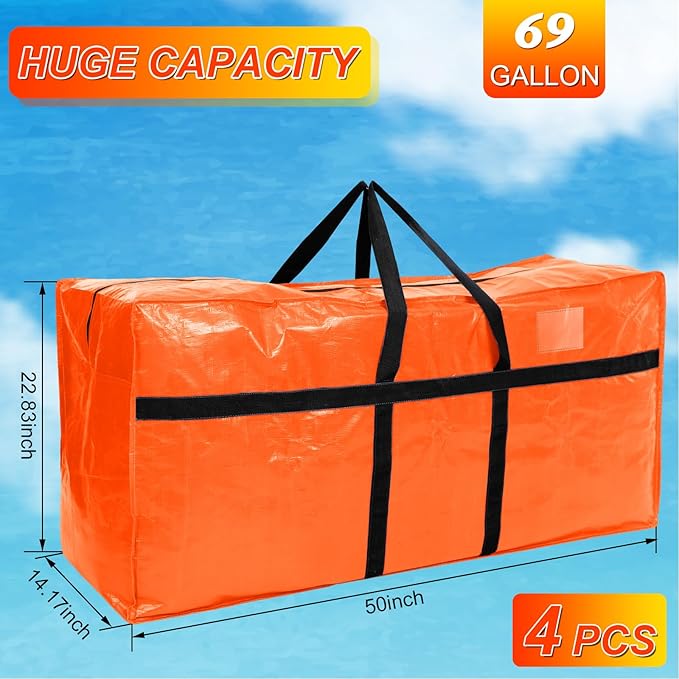 Windyun 4 Pack 69 Gallon Extra Large Storage Bags XXL Moving Bags with Zipper Handles Heavy Duty Jumbo Big Totes Box for Halloween Skeleton 4-12 Feet Christmas Tree Storage College Dorm Cloth (Orange)