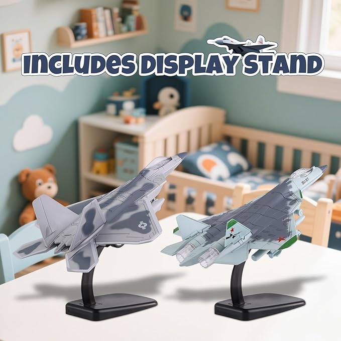 2-in-1 Diecast Fighter Jet Toy Set with Lights & Sounds, Pull Back Airplane F-22 & SU-57 1:144 Scale Military Aircraft Models with Display Stand, Gift for Kids & Collectors