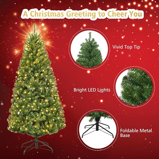 COSTWAY 4 FT Pre-lit Christmas Tree, Artificial Xmas Tree with 100 Warm White & Multicolored Lights, 11 Modes, 300 Branch Tips, Metal Support, Holiday Decoration Fake Tree for Home, Office, Party