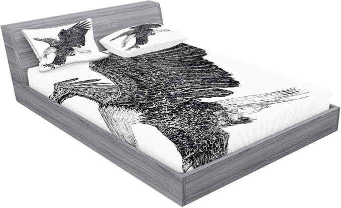Ambesonne Animal Fitted Sheet & Pillow Sham Set, Bald Eagle Swoop Hand Drawn Sketchy Flying Hunter Wildness Artwork, Decorative Printed 3 Piece Bedding Decor Set, King, Black Grey
