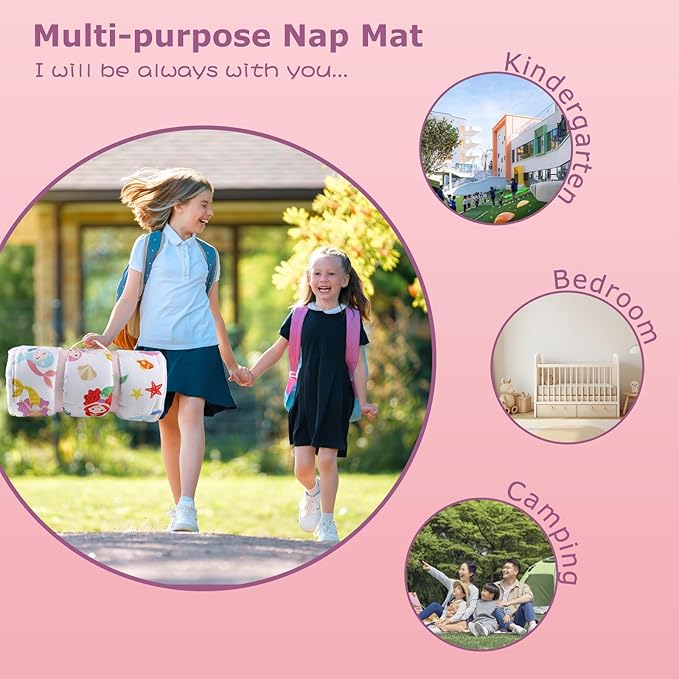 Toddlers Nap Mat with Removable Pillow and Soft Blanket, Lightweight Daycare Preschool Kindergarten Sleeping Bag, Travel Slumber for Kids Girls Boys
