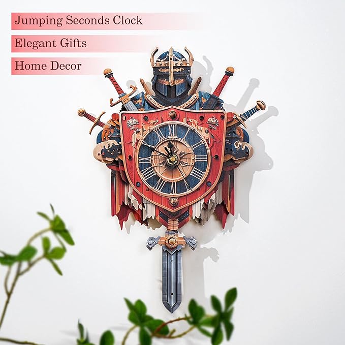 3D Puzzles for Adults Clock-Knight Design Model Kit-Mechanical DIY Pendulum Clock with Roman Numerals-Desk Home Office Decor Personalized Gift for DIY Lovers