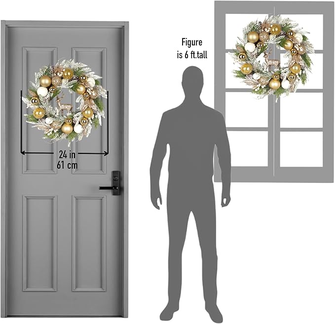 24 inch Pre-Lit Gold Christmas Wreath for Front Door Outdoor, Decorated with Ornaments, Deer Figurine, Flocked Artificial Green Pine Branches, White LED Lights