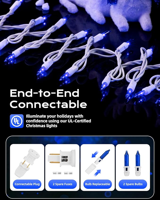Brightown Blue Christmas Mini String Lights, 100-Count 26.5ft Incandescent Bulb Halloween Fairy Lights for Indoor Holiday Decor, Christmas Tree Garland Wedding Party Multi-Use Decoration, White Wire