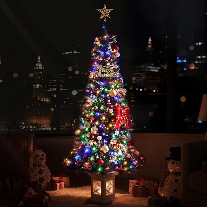 5FT Small Christmas Tree, Artificial Christmas Tree with 130 Colorful Lights & Lighting Base, Prelit Christmas Tree for Home & Office Xmas Decor with 10 Modes Lighting, Timer Operated Operated