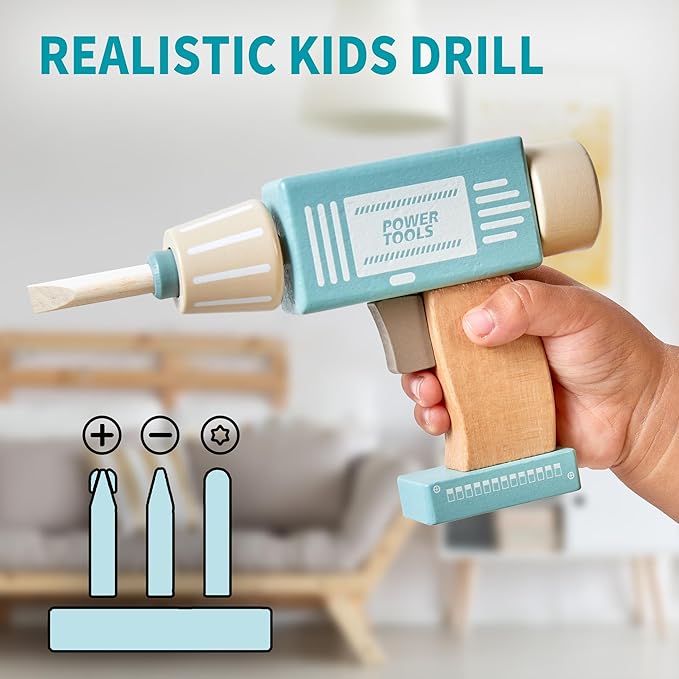 Kids Tool Bench,Wooden Play Tools Set with Kids Tool Belt Toddlers Workbench Pretend Construction Tools Set Wooden Toy Drill Gift for Boys & Girls Age 3-5