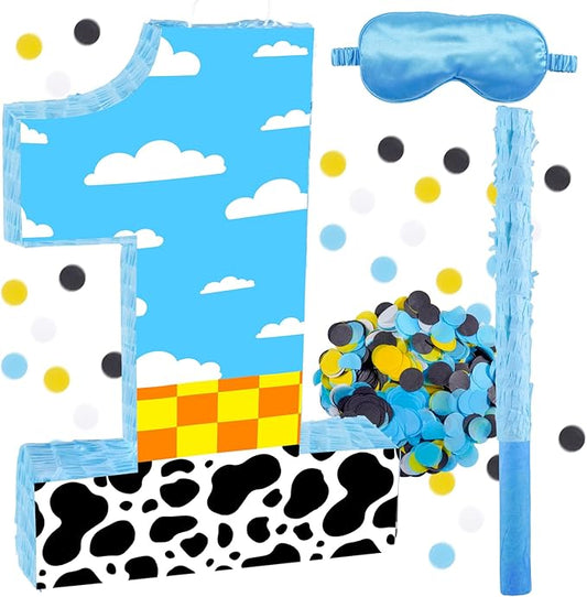 16 Inch Number 1 White Cloud Pinata with 16 Inch Piñata Stick Blindfold Confetti for Boy Girl Kids 1st Birthday Party Decorations(1st)