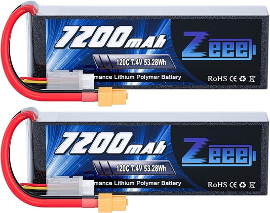 Zeee 2S Lipo Battery 7200mAh 7.4V 120C Soft Pack Battery with XT60 Connector for RC Car Truck RC Vehicles Truggy Buggy Tank Helicopter Airplane Racing Models(2 Pack)