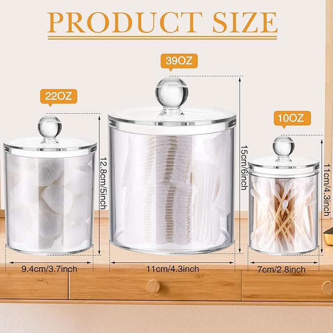 Meanplan 12 Pack Acrylic Holder Dispenser Plastic Apothecary Jars with Lids for Cotton Ball, 10/22/39 oz Clear Plastic Storage Jars Floss Holder Container for Cotton Swab Bathroom, 3 Sizes