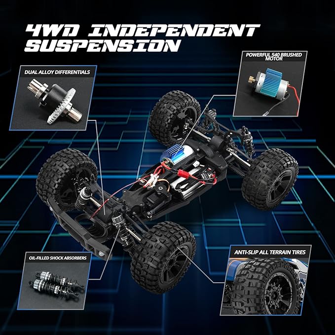 Holyton 1:10 Large High Speed Remote Control Car with LED Shell Lights, 48+ KM/H, 4WD Offroad Monster Truck for Adults & Kids, Hobby RC Truck Vehicle, 2 Battery Crawler Toy Gift for Boy