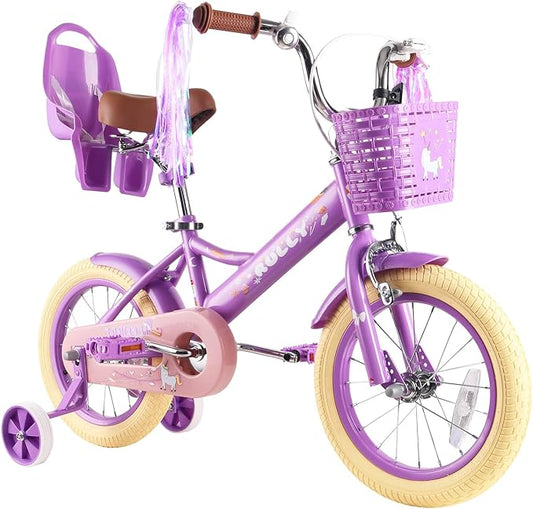 RULLY Kids Bike 12 14 16 inch for 2-7 Years Girls with Training Wheels & Front Handbrake, Kids Bicycle with Basket Bike Streamers Toddler Cycle Bikes