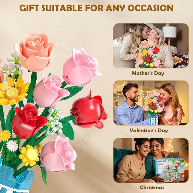 14 Flowers Bouquet Building Set with Vase and LED Light, Mother's Day 747 PCS Mini Roses Flower Botanical Building Blocks Toy, Birthday Gifts for Adults, Artificial Roses Flowers Home Decor