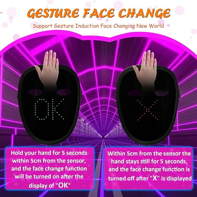 Led Mask with Gesture Sensing, Light up Face Transforming Mask for Halloween Xmas Costume Party