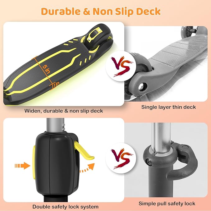 TONBUX Kids Scooter, Light Up 3 Wheel Kick Scooters for Kids 3-12, Folding Scooters with Adjustable Height - Toddler Scooter Lean-to-Steer & Widen Anti-Slip Deck