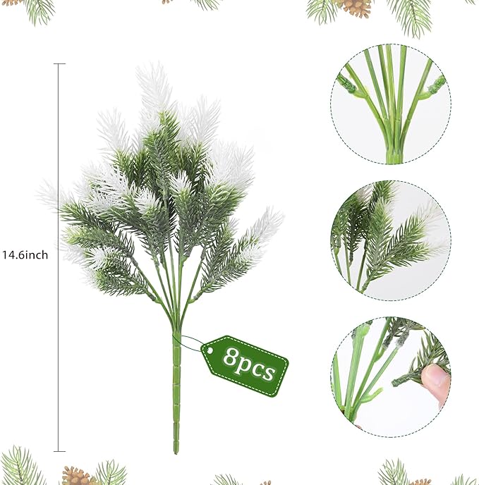 RECUTMS 1.22ft Greenery Artificial Pine Branches Tree Leaves Faux Stems Outdoor Plastic Plants No Fade UV Resistant Decor for Garden Porch Table Home Window (White)