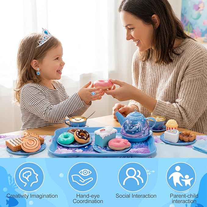 Tea Party Set for Little Girls, 49PCS Princess Tea Time Toys Including Teaset Dessert Carrying Case, Kids Pretend Play Kitchen Toys, Toddler Girl Birthday Gifts for 3-8 Year Old, Sea