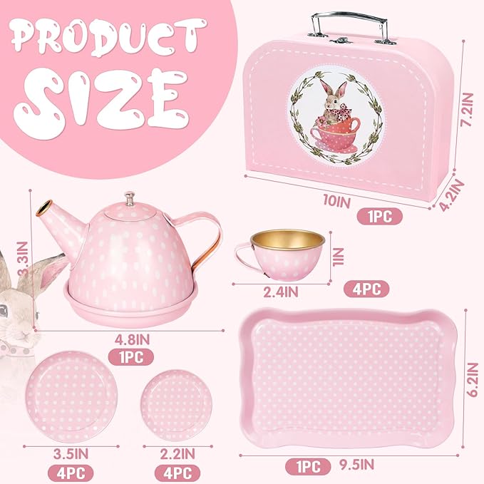 Tea Party Set for Little Girls, Princess Tea Time Toys Including Tin Teapot Set Cups Carrying Case, Toddlers Pretend Role Play Kids Kitchen Toys Birthday Gifts Age 3 4 5 6