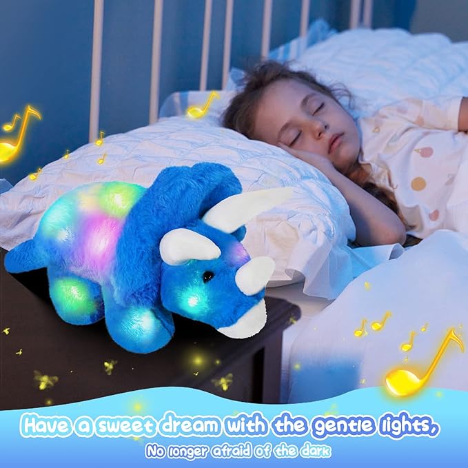 Glow Guards 16''Light up Musical Triceratops Dinosaur Stuffed Animal,Soft Singing LED Dinosaur Plush Toy with Magic Night Lights&Lullaby,Birthday Children's Day for Toddler Kids