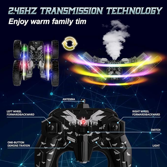 360 Rotating 4WD RC Stunt Car with Cool Spray and Lights - Drift Car for Kids Age 4-13 (Black)