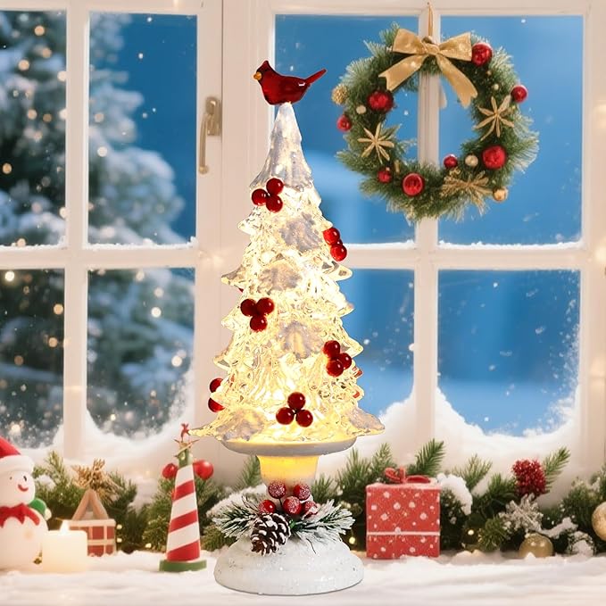 Acrylic Christmas Tree Table Decor - 14" Light up LED Christmas Tree with Cardinal, Battery Operated Warm Holiday Party Mantel Decorations Gifts for Family & Cardinal Lovers, White