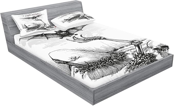 Ambesonne Halloween Fitted Sheet & Pillow Sham Set, Dead Skull Skeleton Out of The Grave and Flying Bat Hand Drawn Spooky Picture, Decorative Printed 3 Piece Bedding Decor Set, Calking, Black Ecru