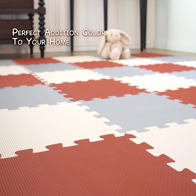 TCBunny Kids Soft EVA Foam Jigsaw Puzzle Play Mat, 36 Interlocking Tiles and Edges Baby Play Mat, for Kids Gym, Nursery, Playroom, Pet Mat, Total Floor Coverage 32 Sq Ft, Red/Grey/Beige