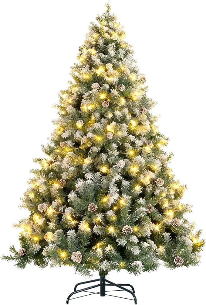 6ft Lighted Green Christmas Tree with Pine Cones and Snow Flocked Branches, 300 Warm White LED Lights, Realistic Artificial Xmas Tree with Metal Stand for Indoor Decoration