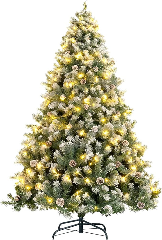 6ft Lighted Green Christmas Tree with Pine Cones and Snow Flocked Branches, 300 Warm White LED Lights, Realistic Artificial Xmas Tree with Metal Stand for Indoor Decoration