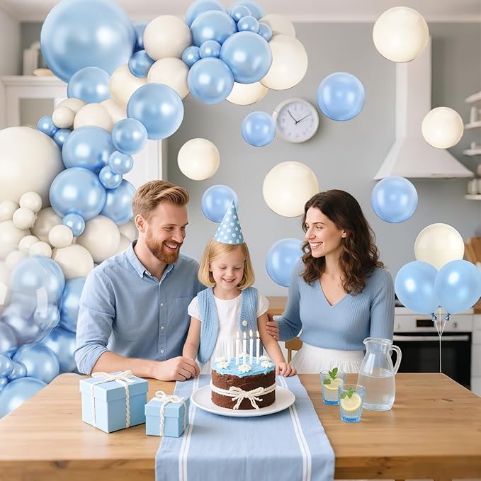Pearl Blue White Balloon Arch Kit, Double Stuffed Light Blue Sand White Balloon Garland Different Sizes 18/12/10/5 Inch Pearl Balloons for Baby Shower Birthday Wedding Bridal Shower Party Decor