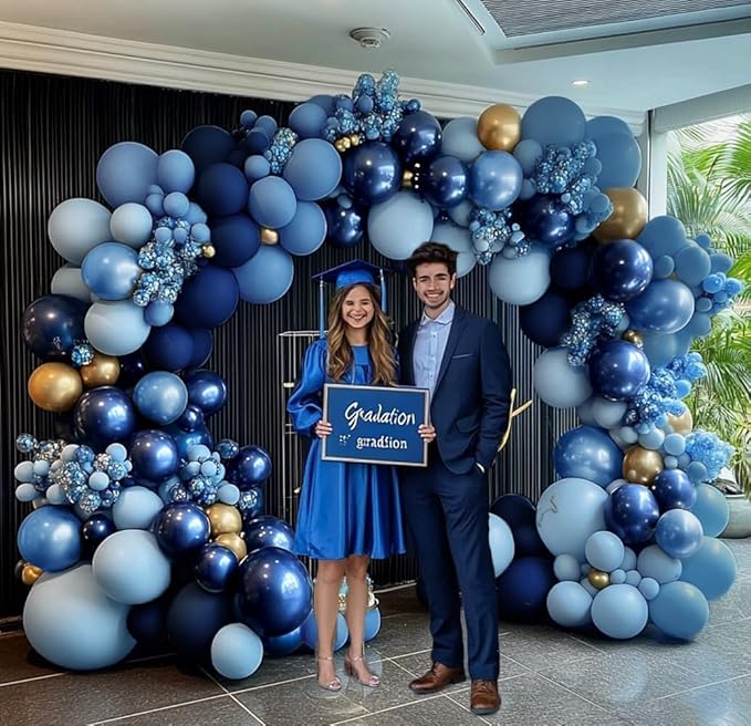 Navy Blue Gold Balloon Arch Kit - Double Stuffed Royal Dusty Blue Gold Balloon Garland Latex Pastel Dark Different Sizes for Graduation Birthday Baby Shower Anniversary Wedding Decor