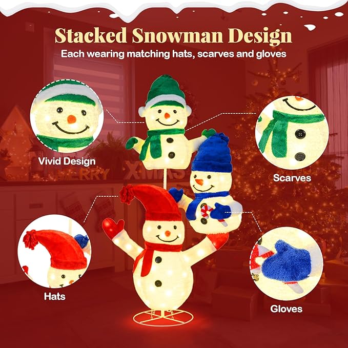 Tangkula 5 FT Christmas Lighted 3 Stacked Snowman Decoration, 3D Light-up Snowman with Ground Stakes & Zip Ties, Pre-Lit Xmas Holiday Snowman Decoration for Indoor Outdoor Home Yard