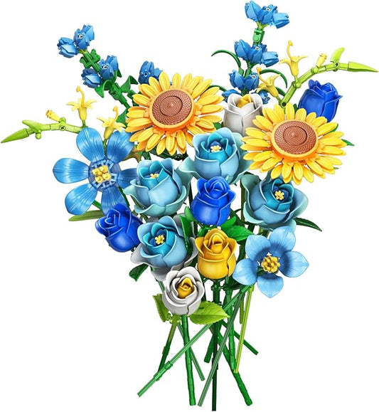 Blue Rose Sunflowers Bouquet Building Set - Compatible with Lego Flowers for Adults Women, Van Gogh's Starry Night and Sunflowers Style, Collection Christmas Mother's Day Valentine's Gifts Home Decor