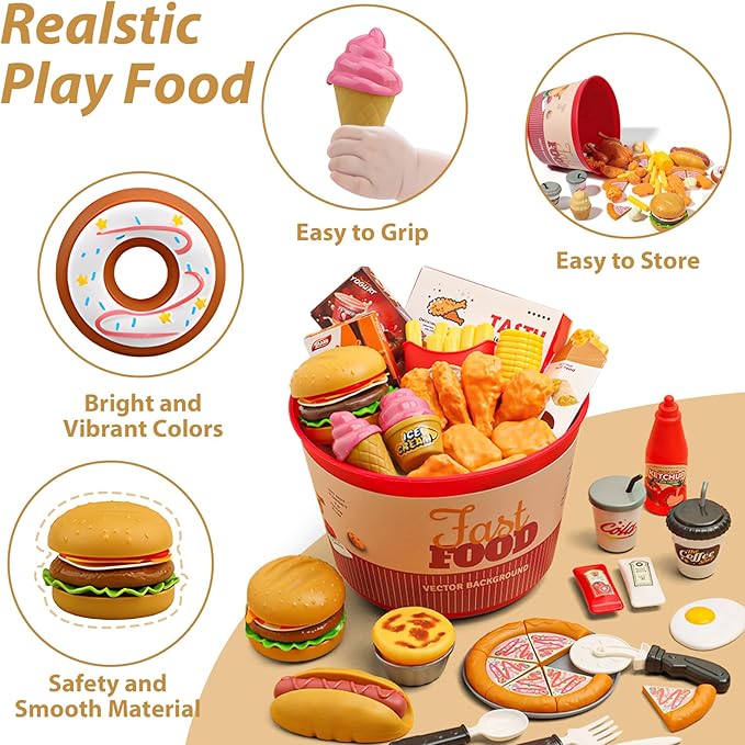 80 Pcs Pretend Play Food Toy for Kids Kitchen Aged 3 4 5, Fast Food Set with Storage Bucket, Pizza, Burger, Ice Cream, Hot Dog, Educational Birthday Toy Gift for Boys Girls