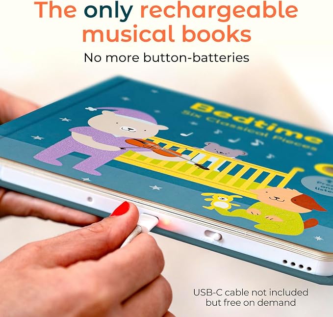 Cali's Books Bedtime Musical Book for Babies and Toddlers 1-3, USB-C Rechargeable, Headphone Jack, 6 Classical and Relaxing Pieces, Sound Book for Sleep & Relaxation