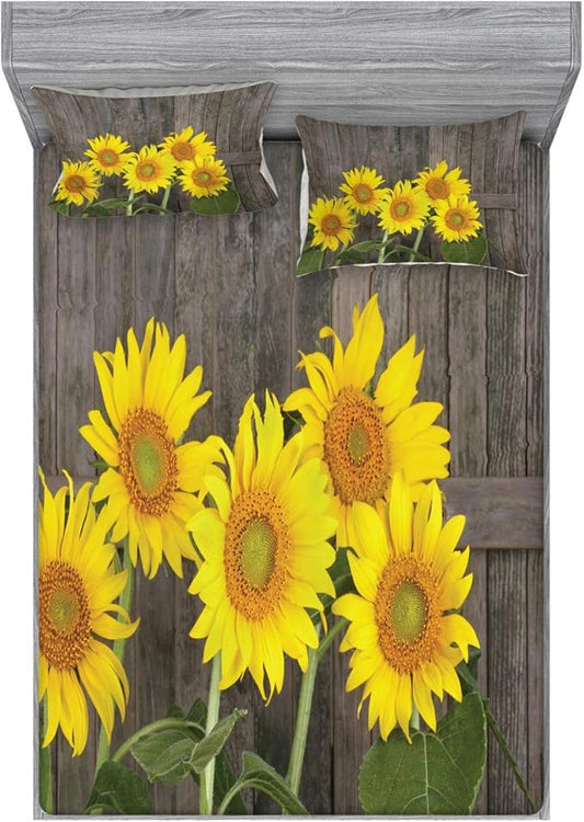 Ambesonne Sunflower Fitted Sheet & Pillow Sham Set, Helianthus Sunflowers Against Weathered Aged Fence Summer Garden Photo, Decorative Printed 3 Piece Bedding Decor Set, Full, Brown Yellow