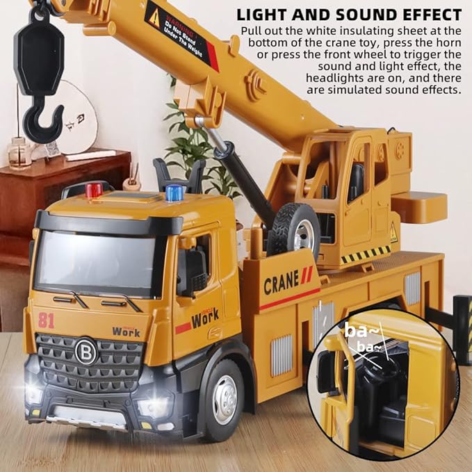 Children Crane Toy Metal DieCast Crane Model，Construction Truck Toys with Simulated Sounds and Lights，Suitable for Ages 3 and Up Toy Crane for Boys